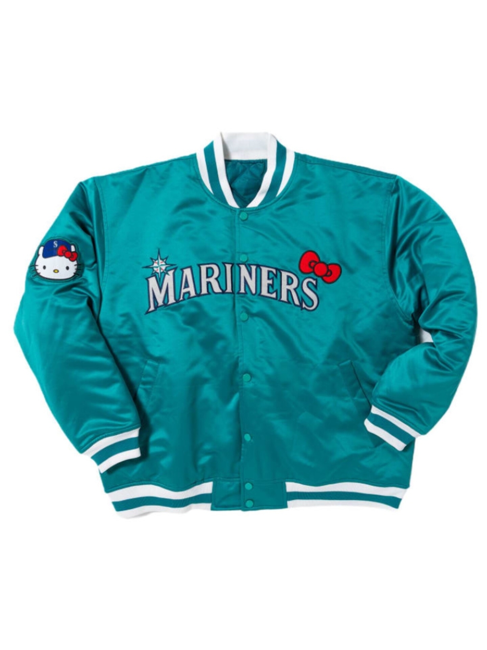 Hello Kitty Mariners Teal Satin Bomber Jacket with Red Bow